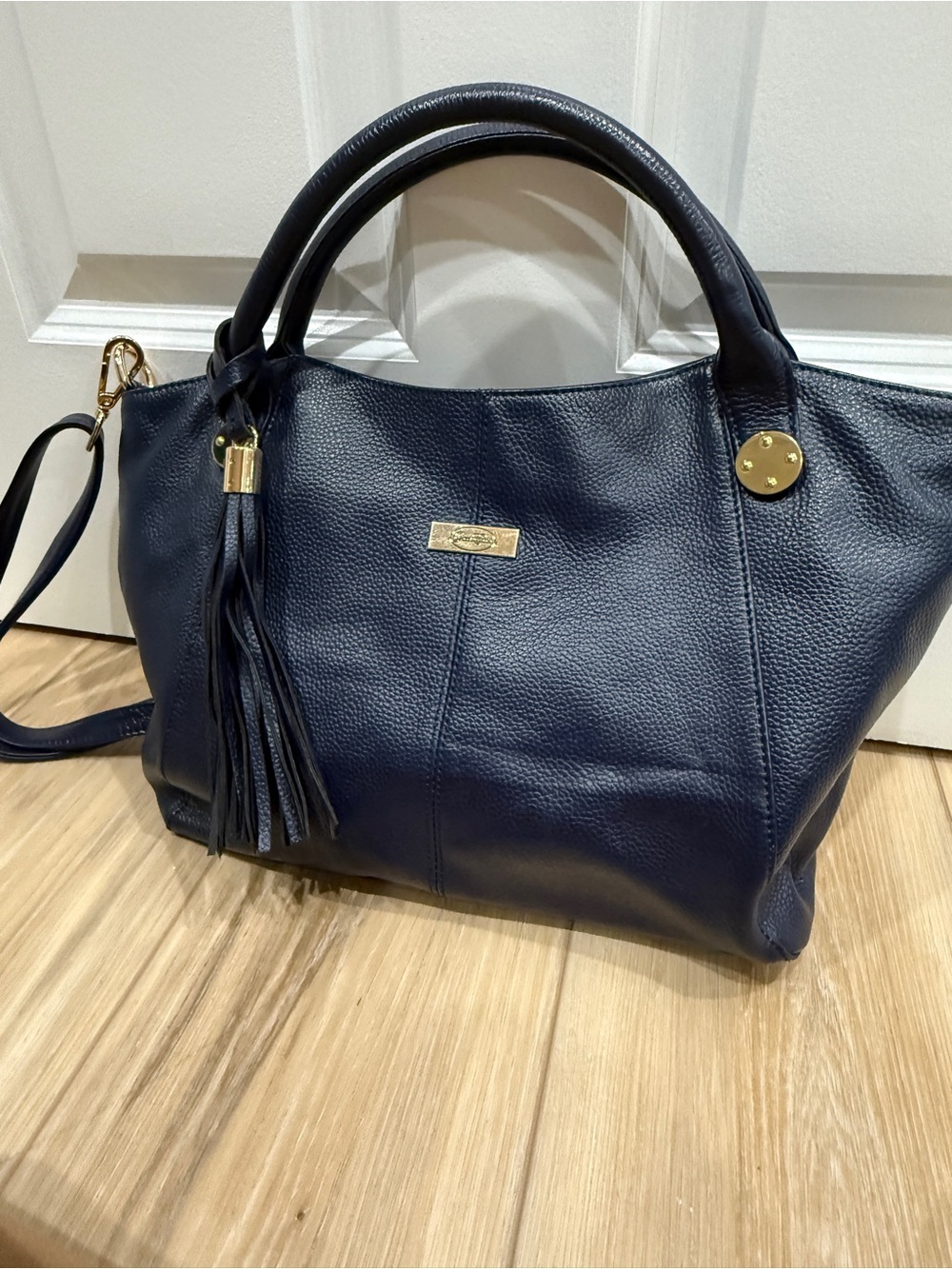 ONNA EHRLICH navy genuine leather handbag satchel pebbled gold hardware